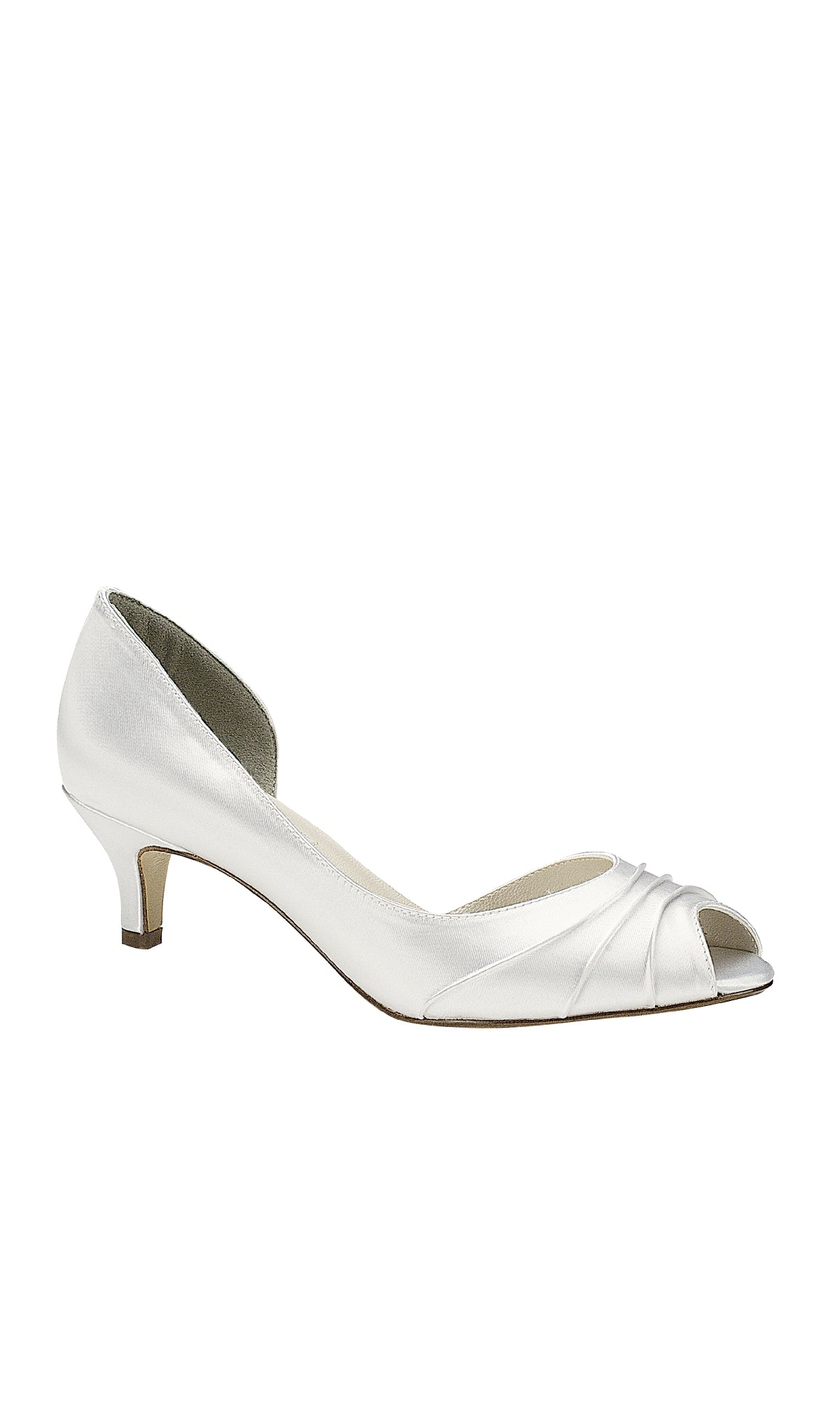 The Abby White Satin Prom Shoes: Touch Ups 837 feature kitten heels, a low open-toe slip-on design, front gathered detailing, and a partially open side for an elegant look.